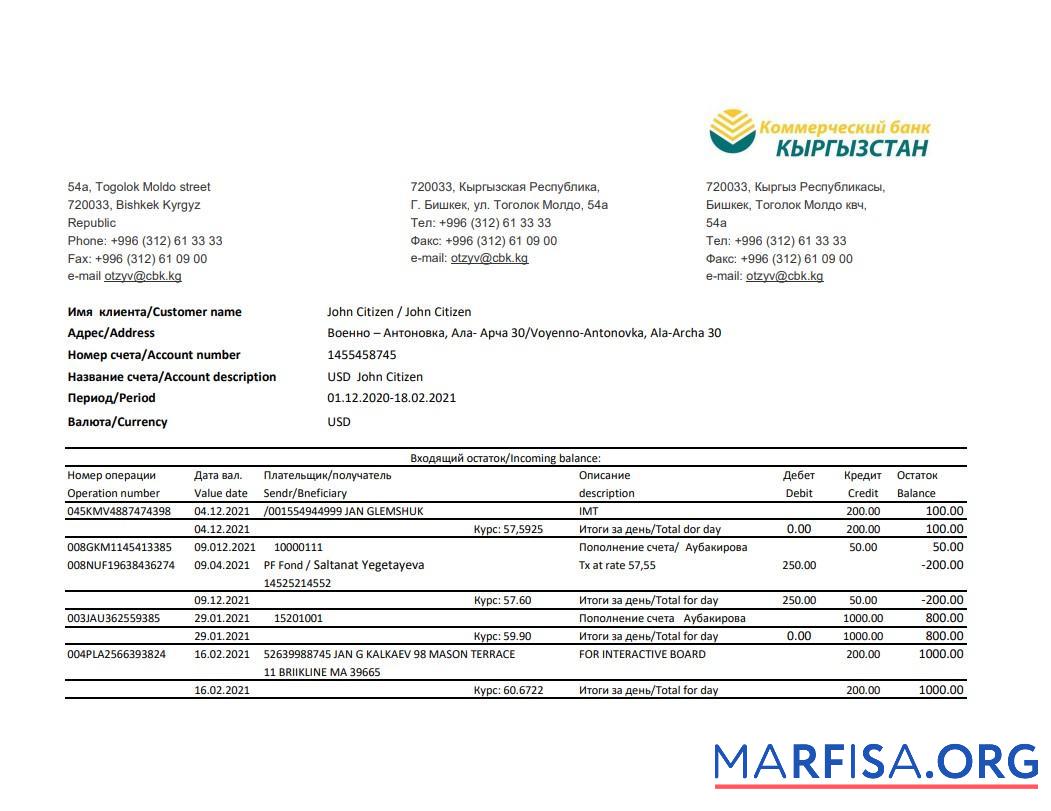 Realistic Kyrgyzstan Kirgizbank bank statement excel real example